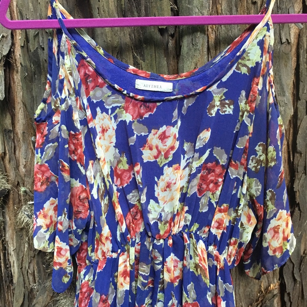 Alythea Floral High-Low Dress w/ Cut-Out Shoulders